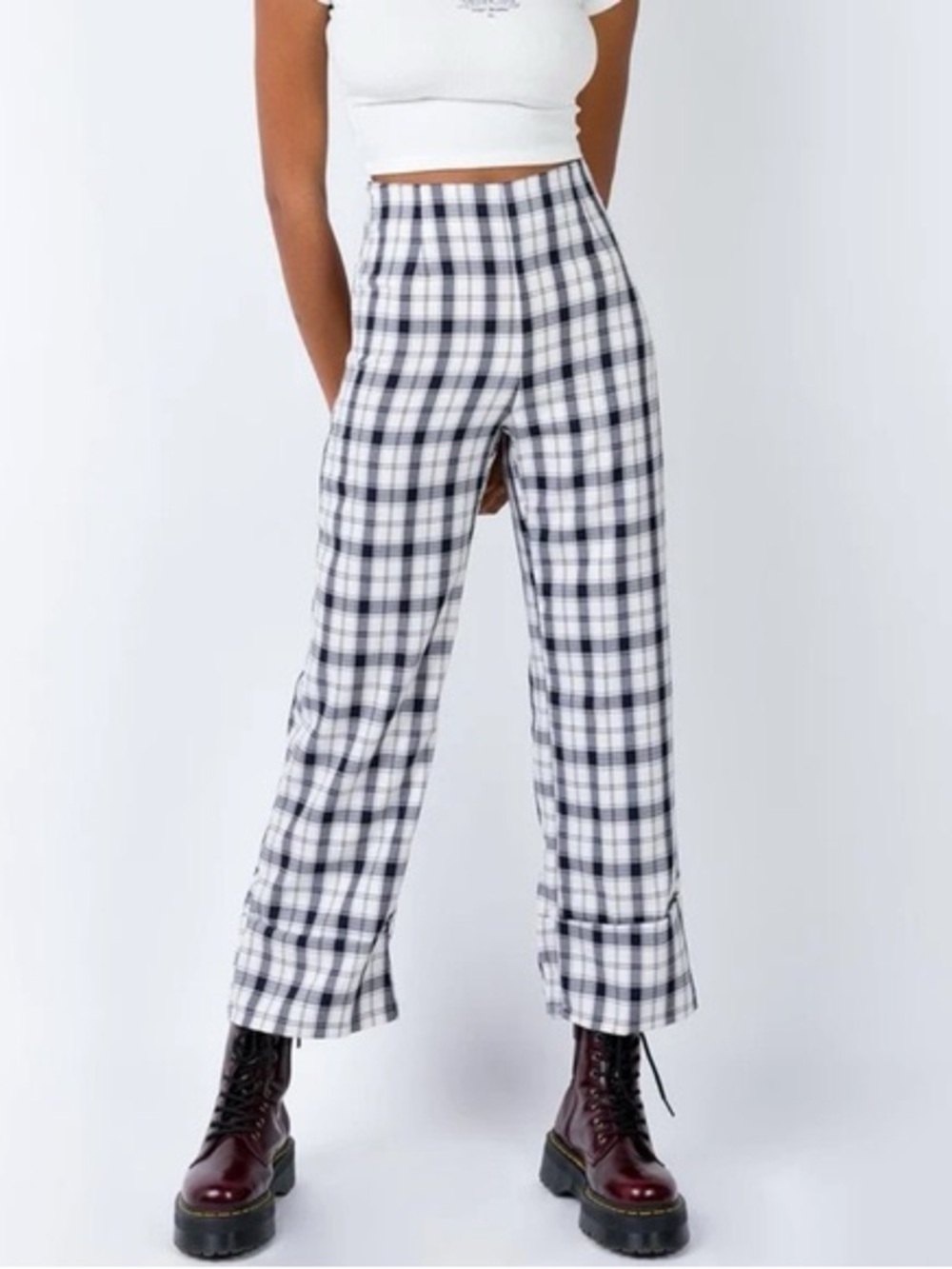 PRINCESS POLLY EUROS HIGH RISE WIDE LEG PLAID PANTS